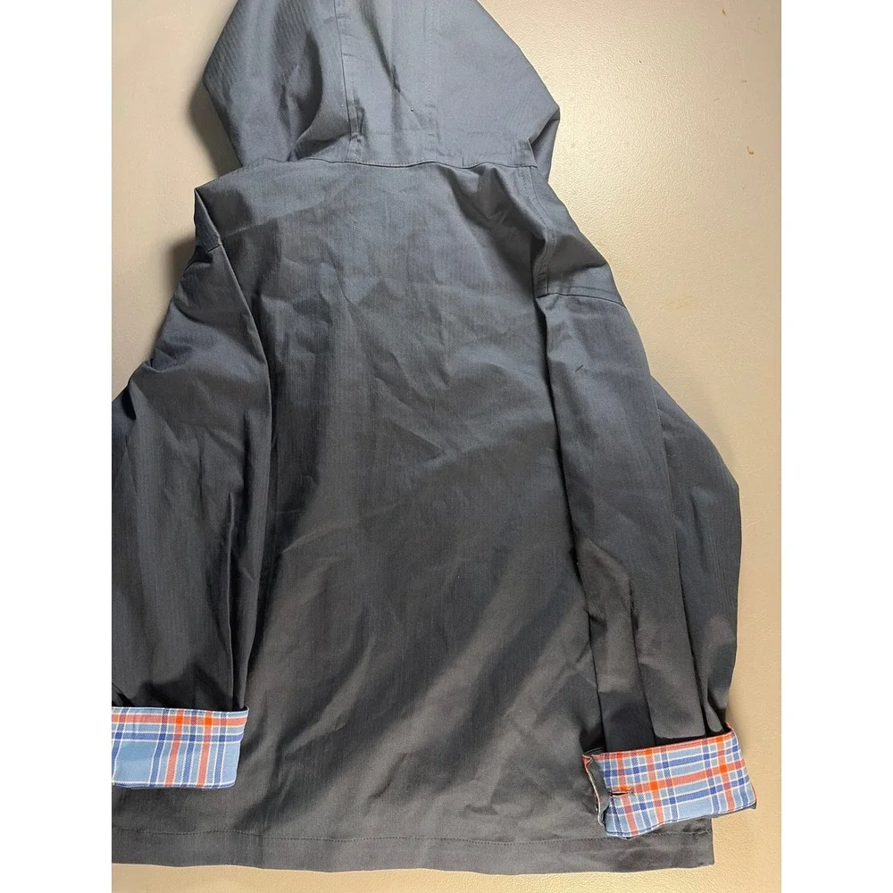 WE-AR4 Hooded Utility Jacket Womens XS Navy Blue Plaid Cuffs Double Breasted NWT - Picture 10 of 10